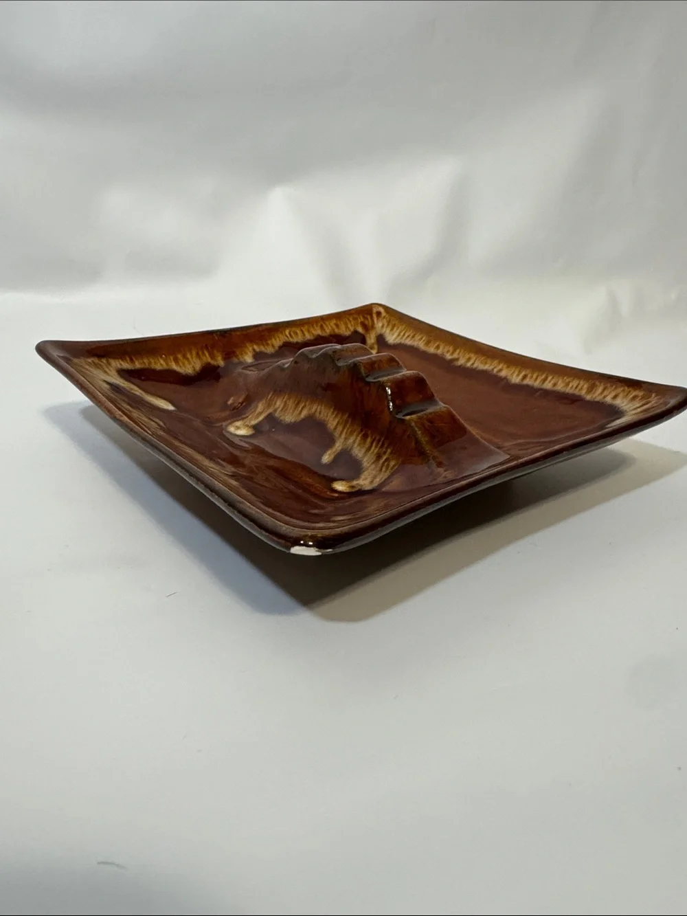 Vintage Mid-Century Modern Square Drip Glaze Ceramic Ashtray